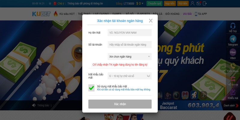 Xác nhận tài khoản nạp tiền Kubet77